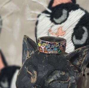 Abstract design zircon and enamel cat ring 6 7 8 9 10